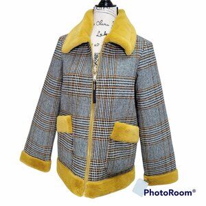 NWT Juicy Couture Black Label Houndstooth Plaid Jacket Faux Fur Trim